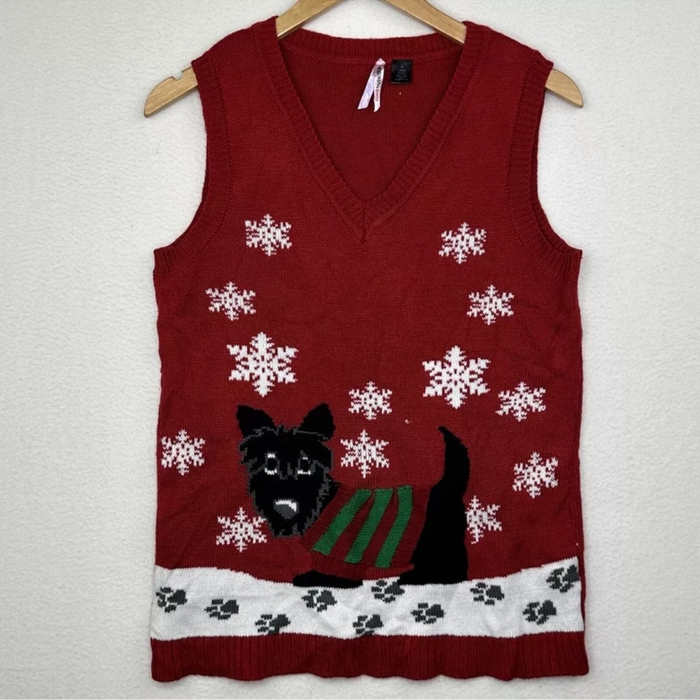 Ugly Christmas Sweater Vest Black Scottie Dog L Large with Treat Pocket